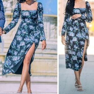 Abercrombie & Fitch Long Sleeve Squareneck Midi Dress Black Floral Blue XLP